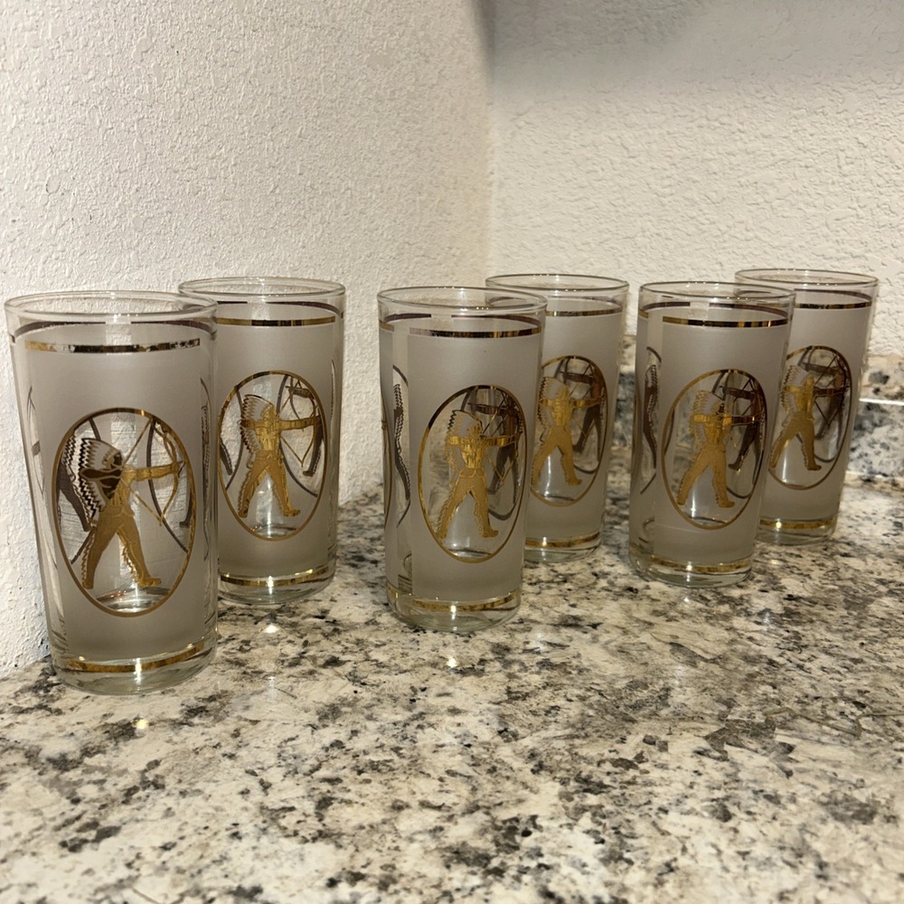 Rare Retro Libbey Glass Indian Warrior With Bow and Arrow MCM Set Of 6 Gold